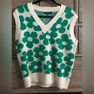 Fore Sweater Vest Sleeveless Green Cream Flowers XS
